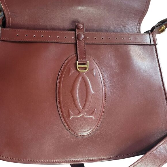 Cartier BORDEAUX and Gold Shoulder SADDLE Bag with Flap Closure VINTAGE - Picture 12 of 16